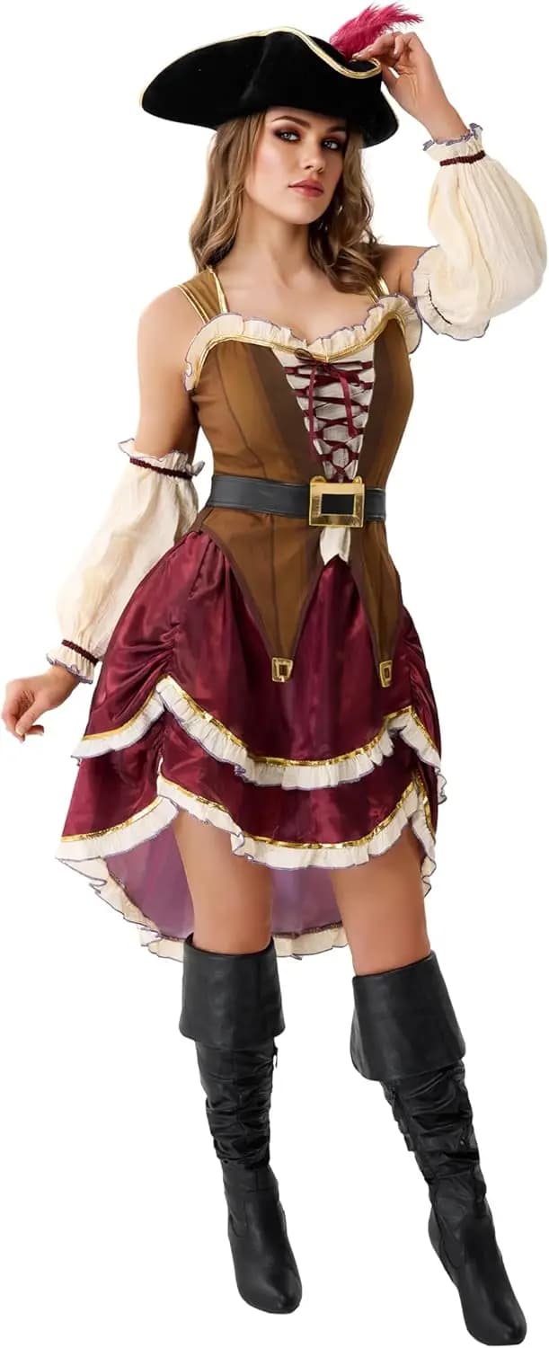 JOYFY Costume da Pirata Donna Halloween Abito da Pirata per Adulti con Cappello per Festa in Costume di Halloween