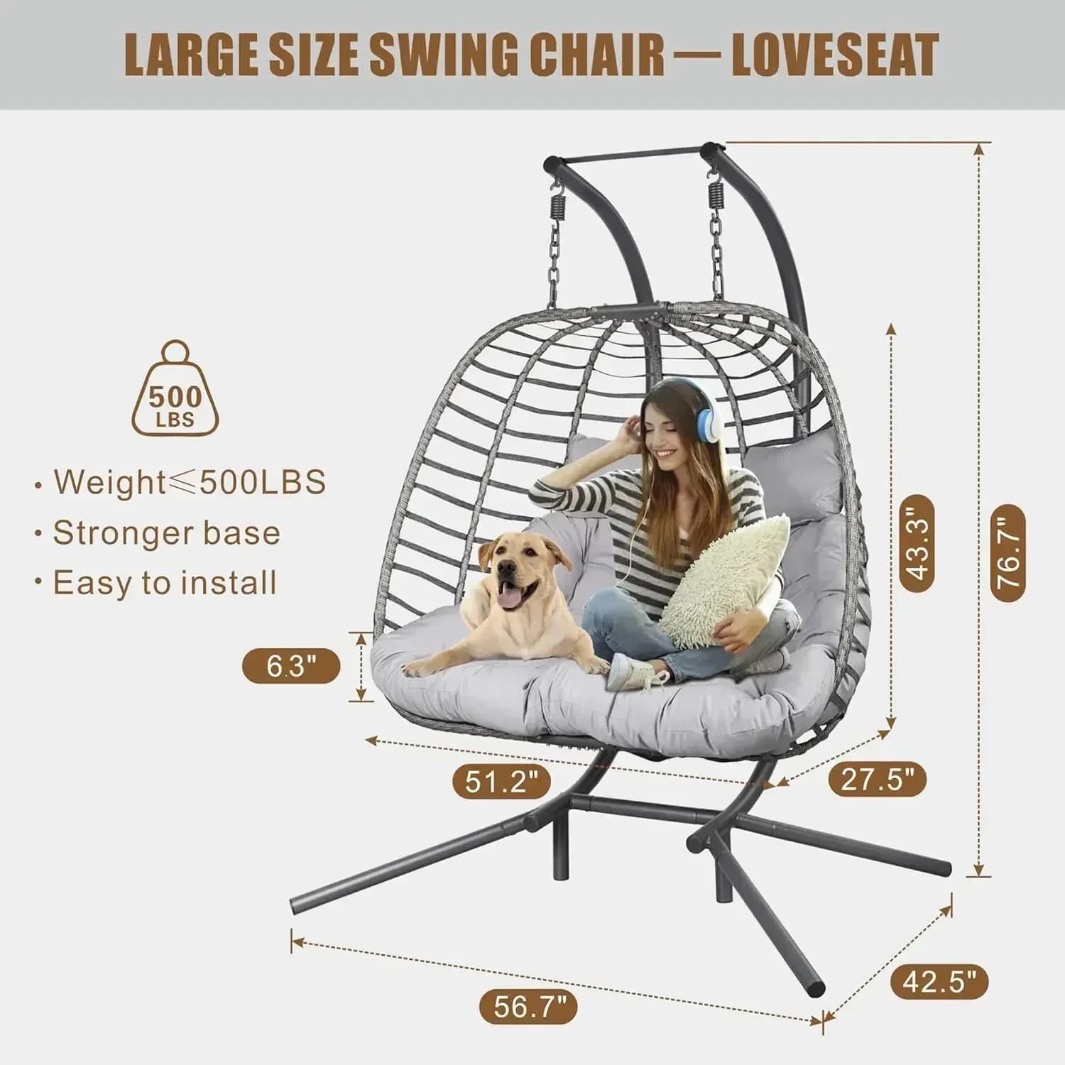 Hot Sale Double chair for eggs with support, rocking chair for patio hammock with sofa bed for bedroom, balcony, garden, interior, exterior (