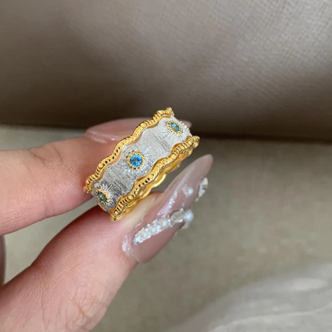 Vintage wide brushed rings with blue green diamonds inlaid for women, adjustable banquet jewelry, lightweight luxury and high-end