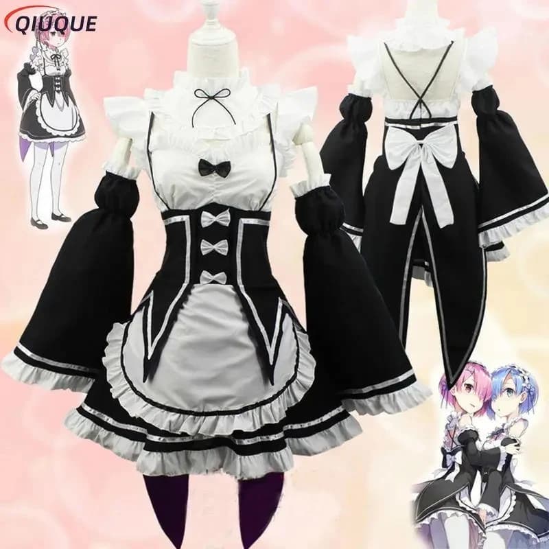 Costume Cosplay Anime Re:Zero Kara Hajimeru Isekai Seikatsu, Parrucche e Abito da Cameriera per Halloween, Personaggi Ram e Rem