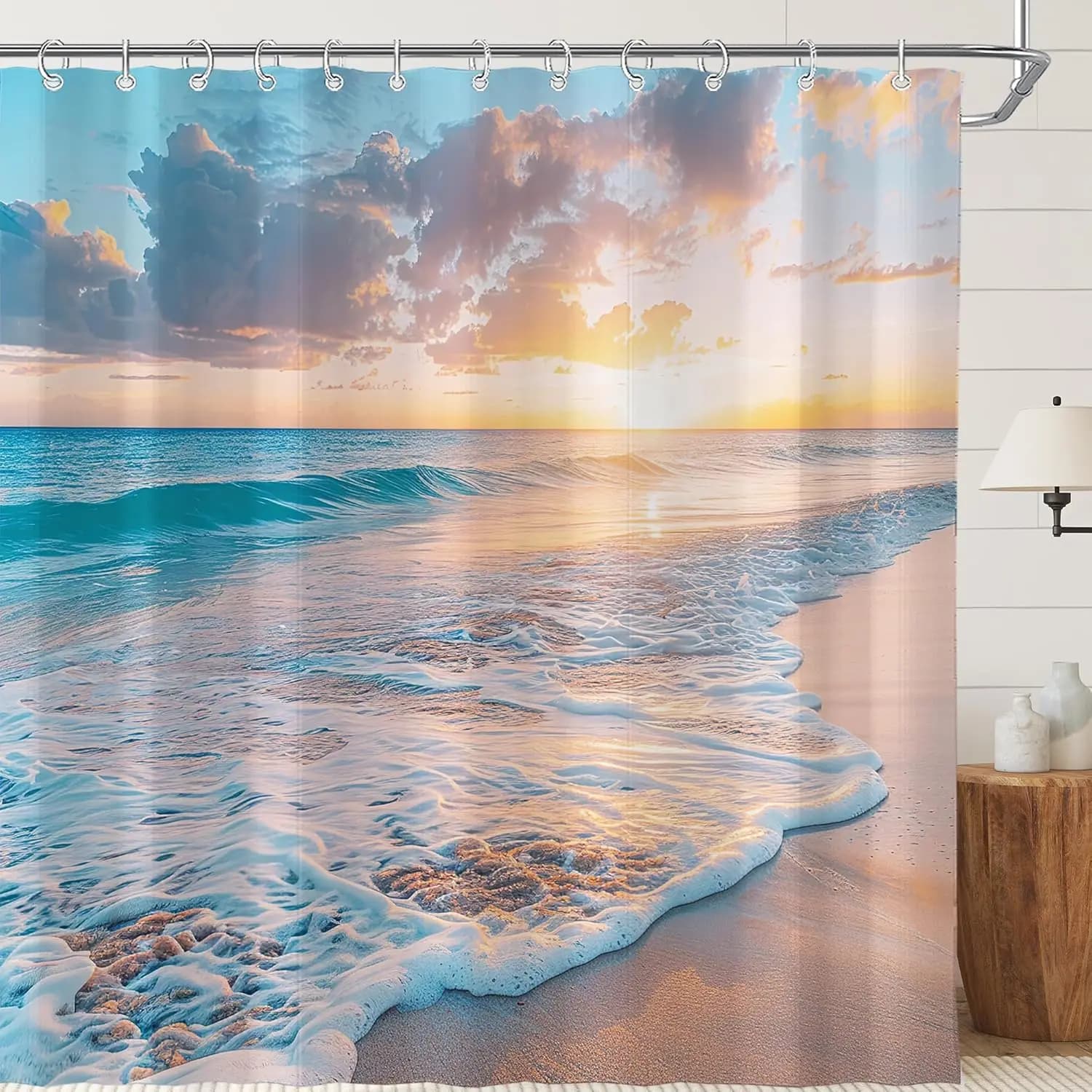 Tenda da Doccia con Motivo Nautico e Tramonto Oceanico, 72x72 Pollici, in Tessuto Poliestere Impermeabile con 12 Ganci per Bagno e Decorazione Costiera
