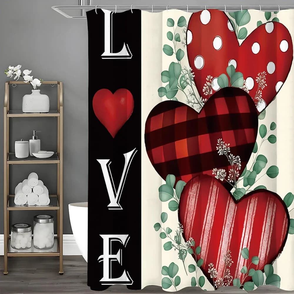 Tenda da doccia Love a pois a righe scozzesi floreali per San Valentino, tenda da doccia decorativa per bagno, doccia impermeabile C