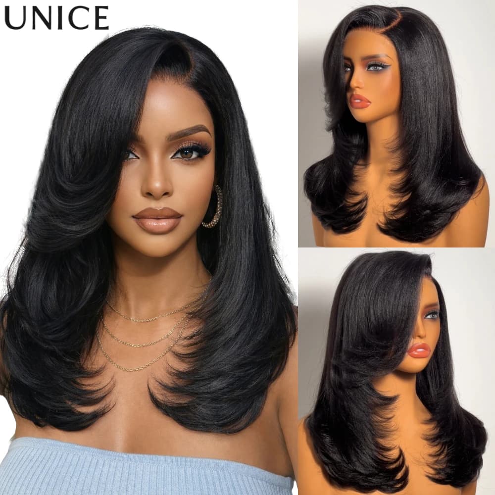 UNice Bye-Bye Knots TM Wig 7x5 in lace with side part, smooth hair Yaki, with foamed layers feather effect, in human hair, without glue, density 150%