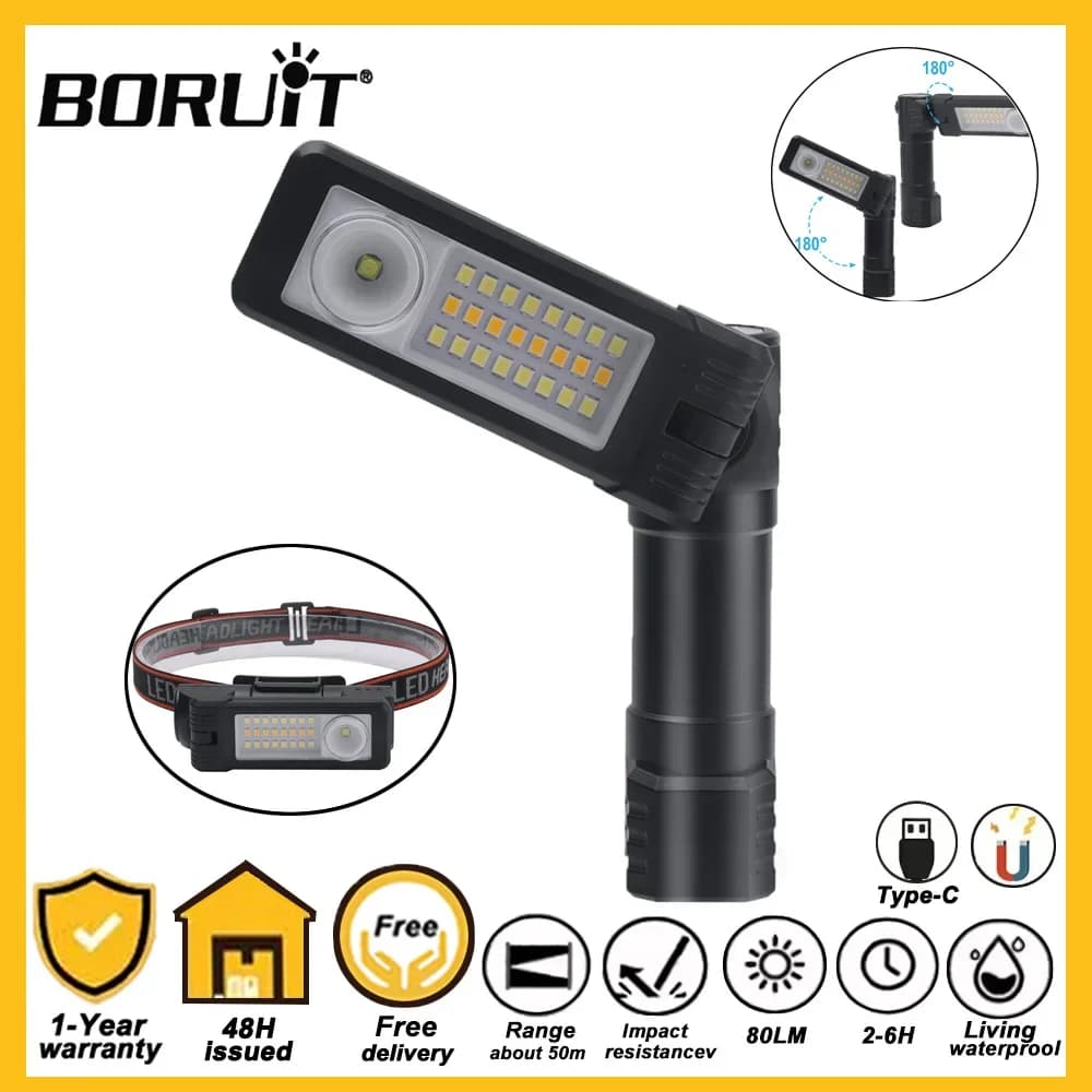 BORUiT Rechargeable LED Front Lamp with Integrated Battery, Type-C Magnetic Work Light for Camping, Fishing and Night Repair