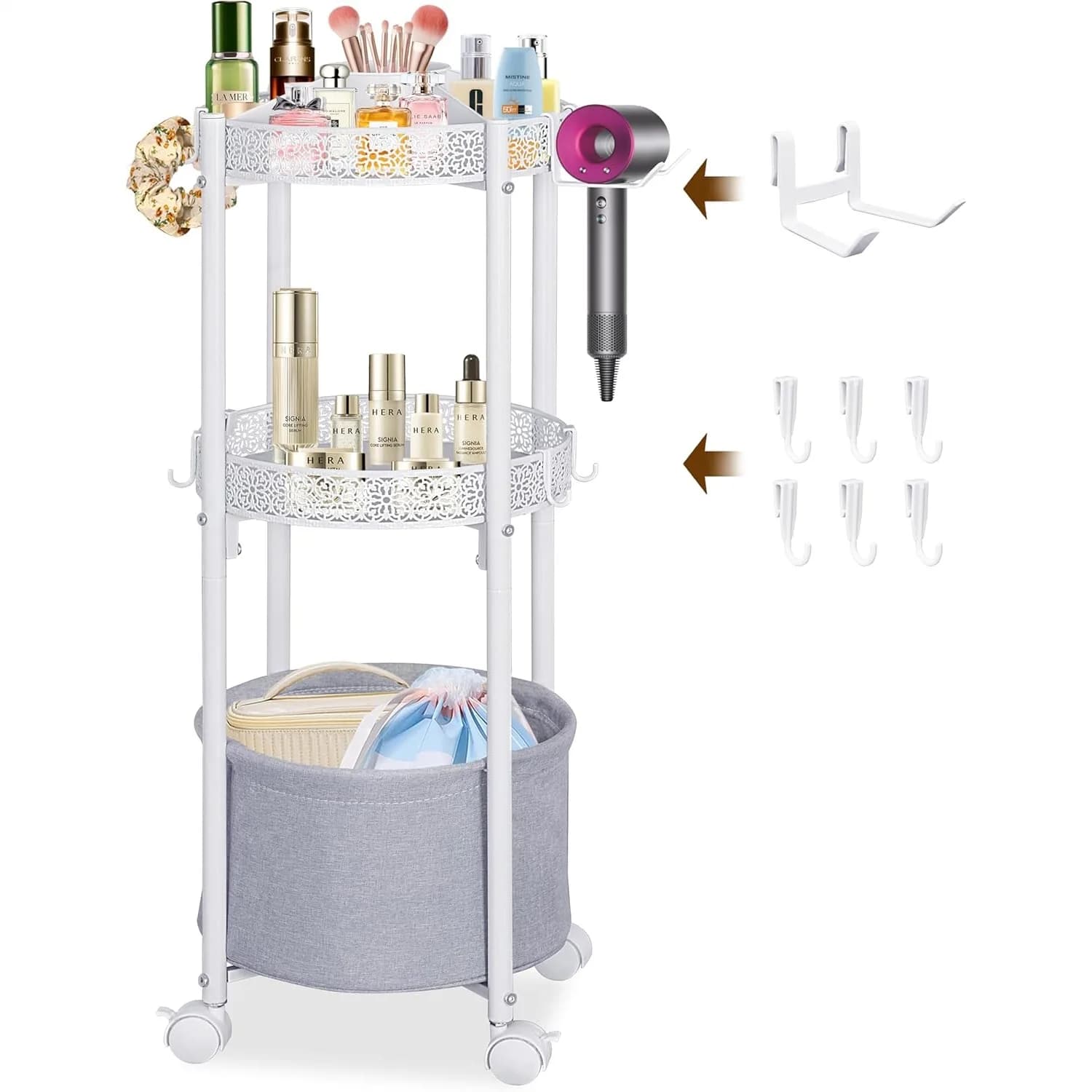 Carrello Trucco Rotondo a 3 Livelli con Ruote, Organizer per Vanity Salvaspazio, Contenitore per Cosmetici con Asciugacapelli Rimovibile