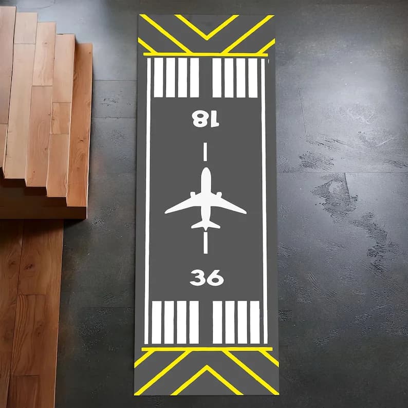 Tappeto Lungo a Tema Aviazione con Design di Aereo e Pilota, Decorazione per Cameretta o Corridoio, Tappetino con Motivo Jet