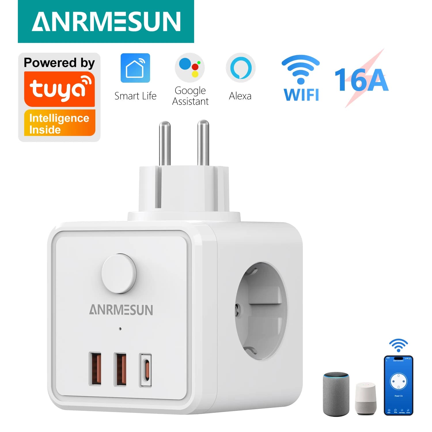Presa EU con 3 Uscite, 2 USB-A e 1 Porta Type-C, Presa Intelligente WiFi 10A/16A con Controllo Vocale per Alexa e Google Home