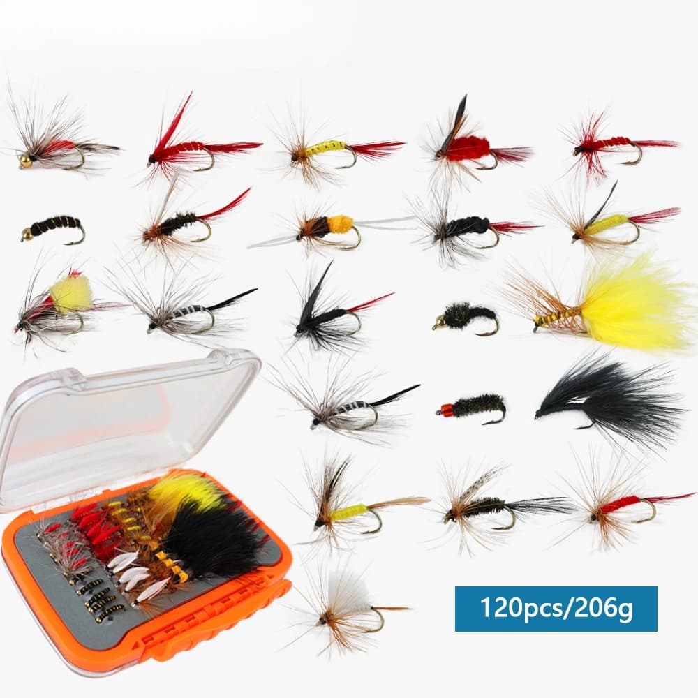 Set di 120 Esche Micro a Doppia Faccia Annodate a Mano con Scatola Accessori in PP per la Pesca
