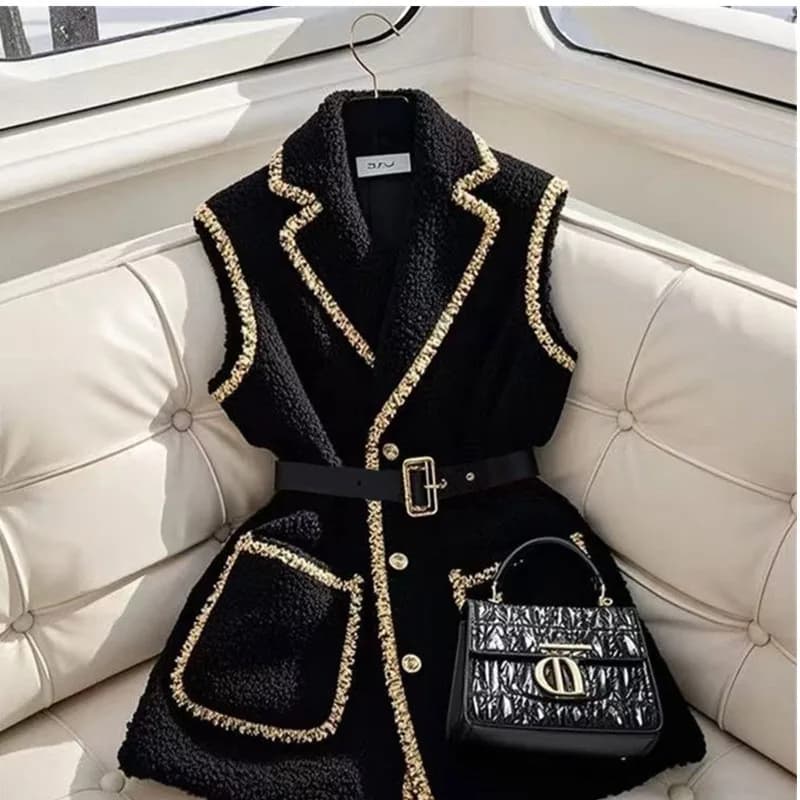 Gilet da donna elegante in pelo di agnello nero Cappotto di lusso con bordo in seta brillante con cintura Blazer senza maniche Gilet Nuova tuta sportiva primavera inverno