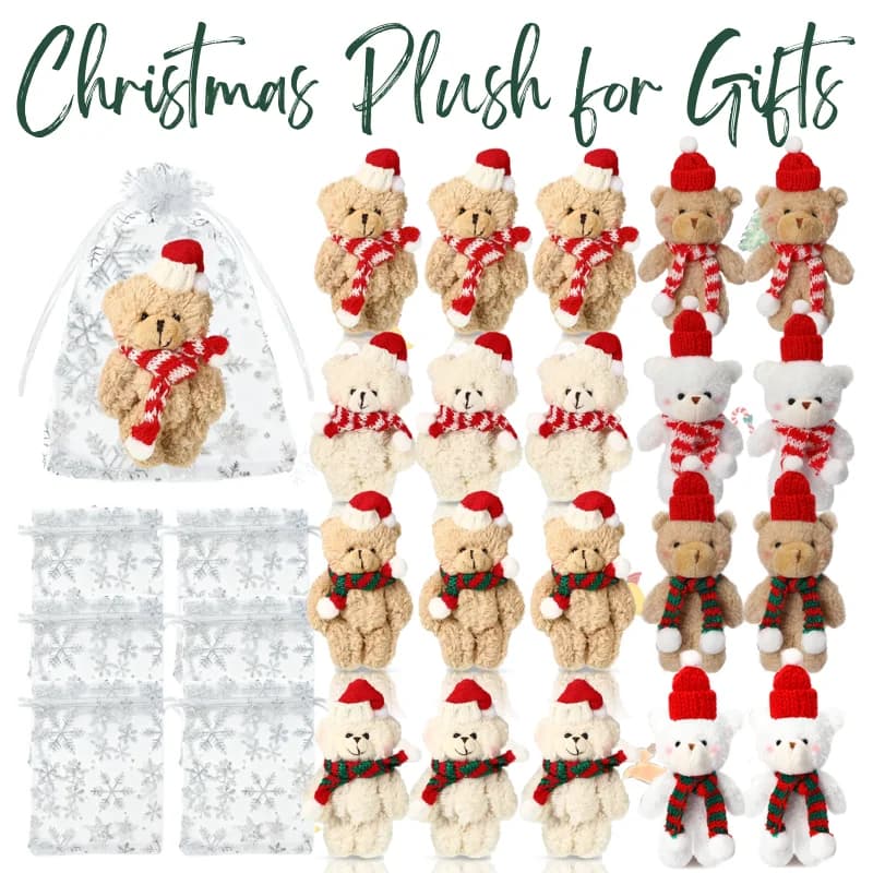 12-48Pcs Christmas Stuffed Animals Mini Teddy Bears Bulk with Organza Bags for Christmas Party Favors Xmas Tree Decor
