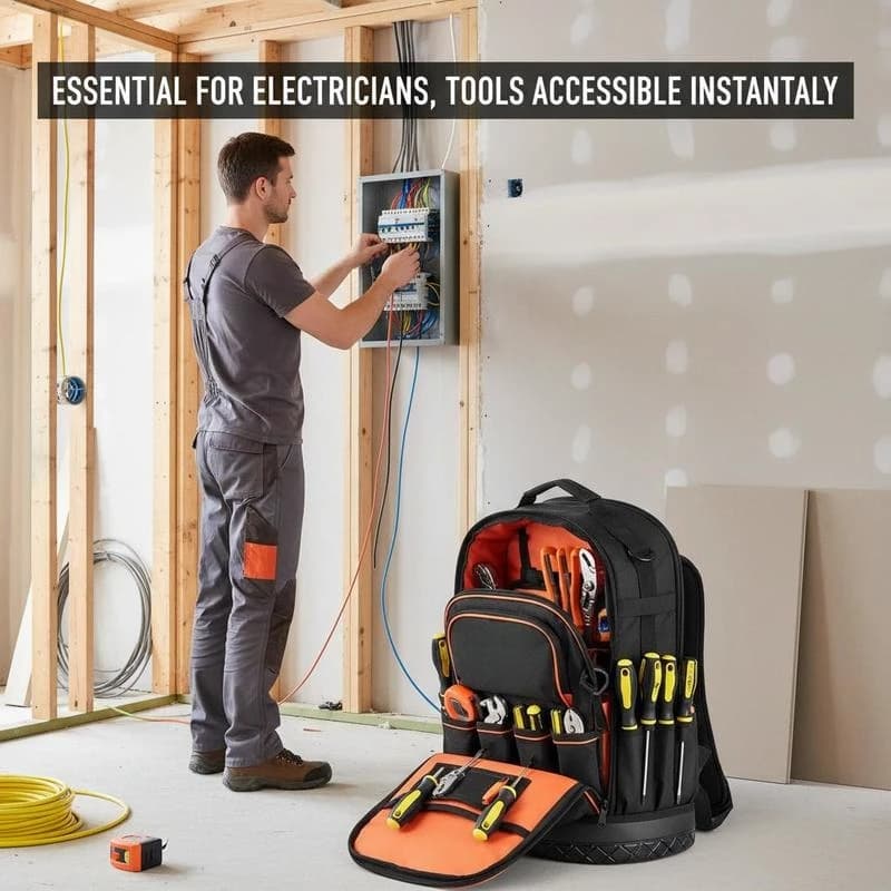 Equipment Knapsack 18-Inch For Electrical Maintenance, HVAC Service, Home Repair, 65 Pockets, Laptop Compartment, Hard Bottom, Heavy-duty Fabric, Tool Organizer Bags