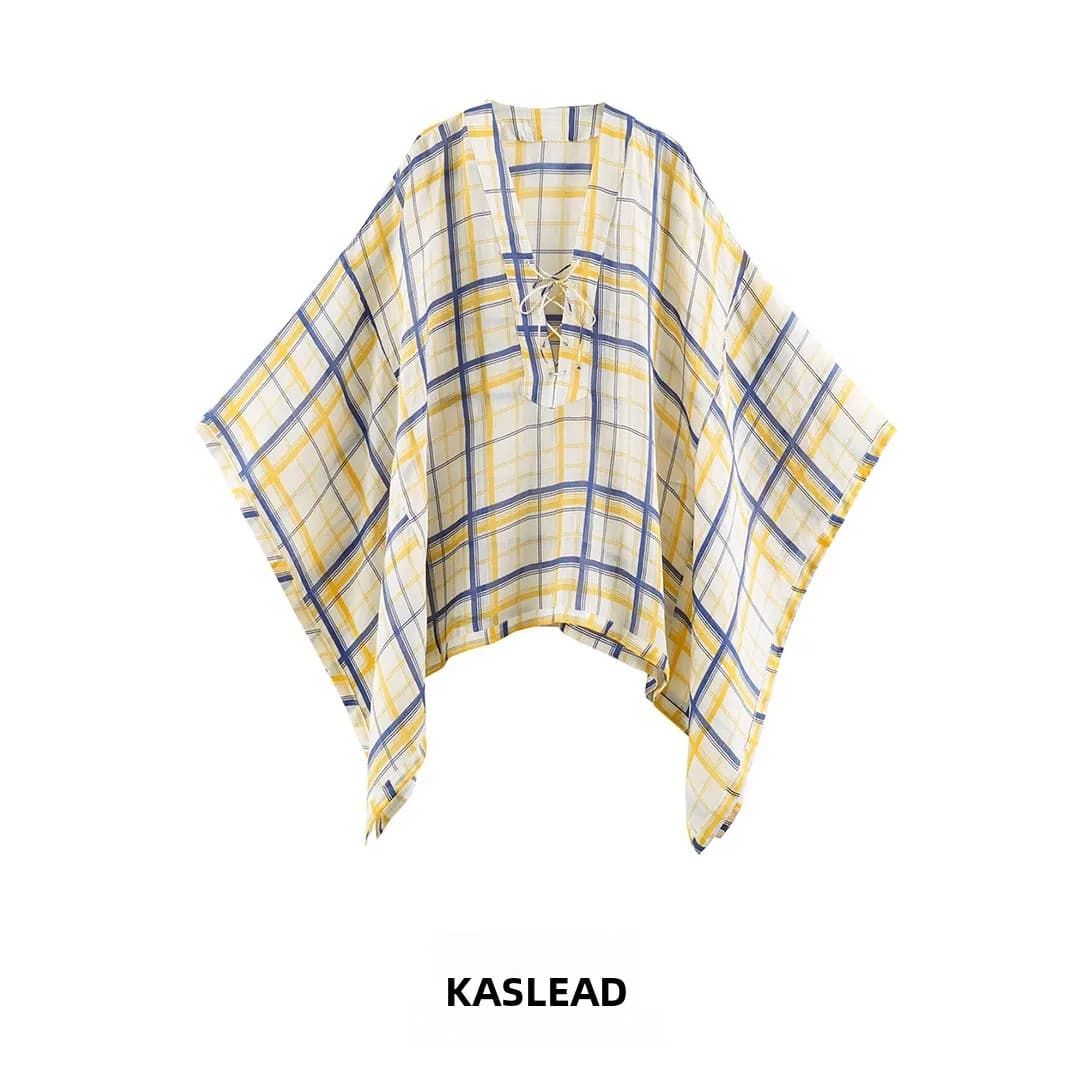 KASLEAD New Women's Fashion Loose Plaid Long Shirt Versatile Style Breathable Polyester Fiber Long Sleeve Summer Shirt