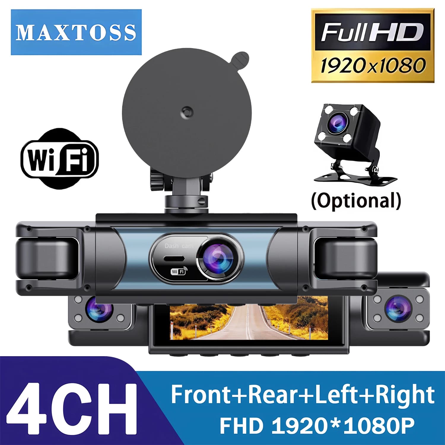 DVR Auto a 4 Canali UHD 1080P con 4 Obiettivi, Telecamera Interna per Auto a 360 Gradi ° Telecamera per Auto a 360 Gradi con Wifi, Registratore Video e Scatola Nera per la Guida