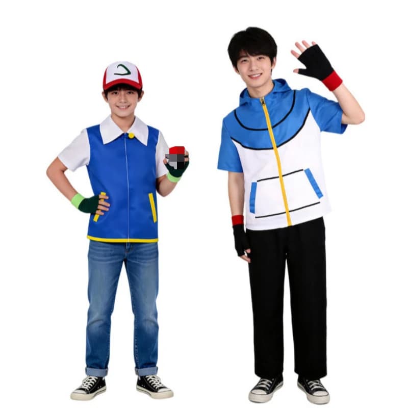 Anime Cosplay Ash Ketchum Clothes Blue Jacket Costume Boys Girls Cosplay for Party Carnival Halloween Trainer Cap Gloves Set