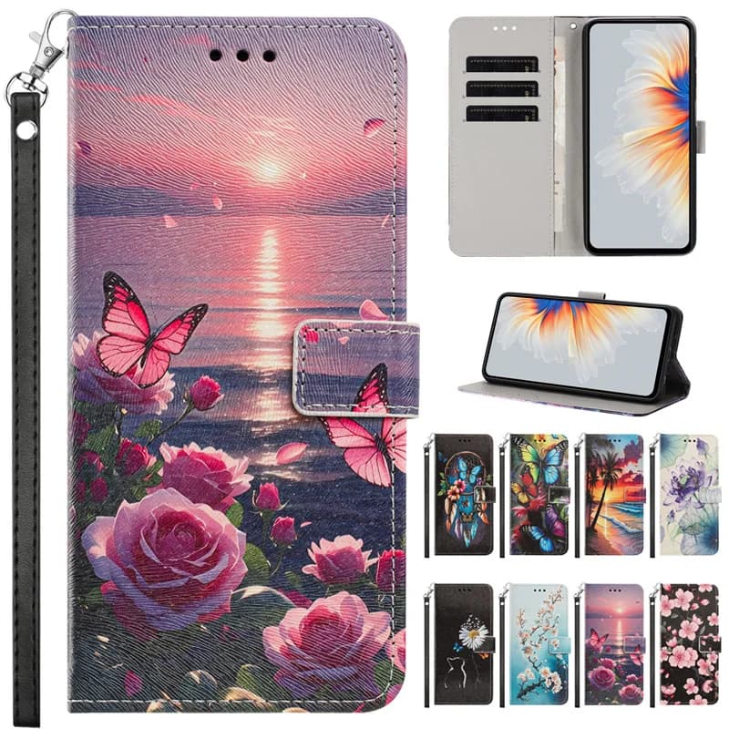 Custodia in pelle a portafoglio con design Sunset Painted per iPhone 17 Pro Max, iPhone 17e, 16e, 15, 14, 13, 12 Pro Max (i17e/i17ProMax)