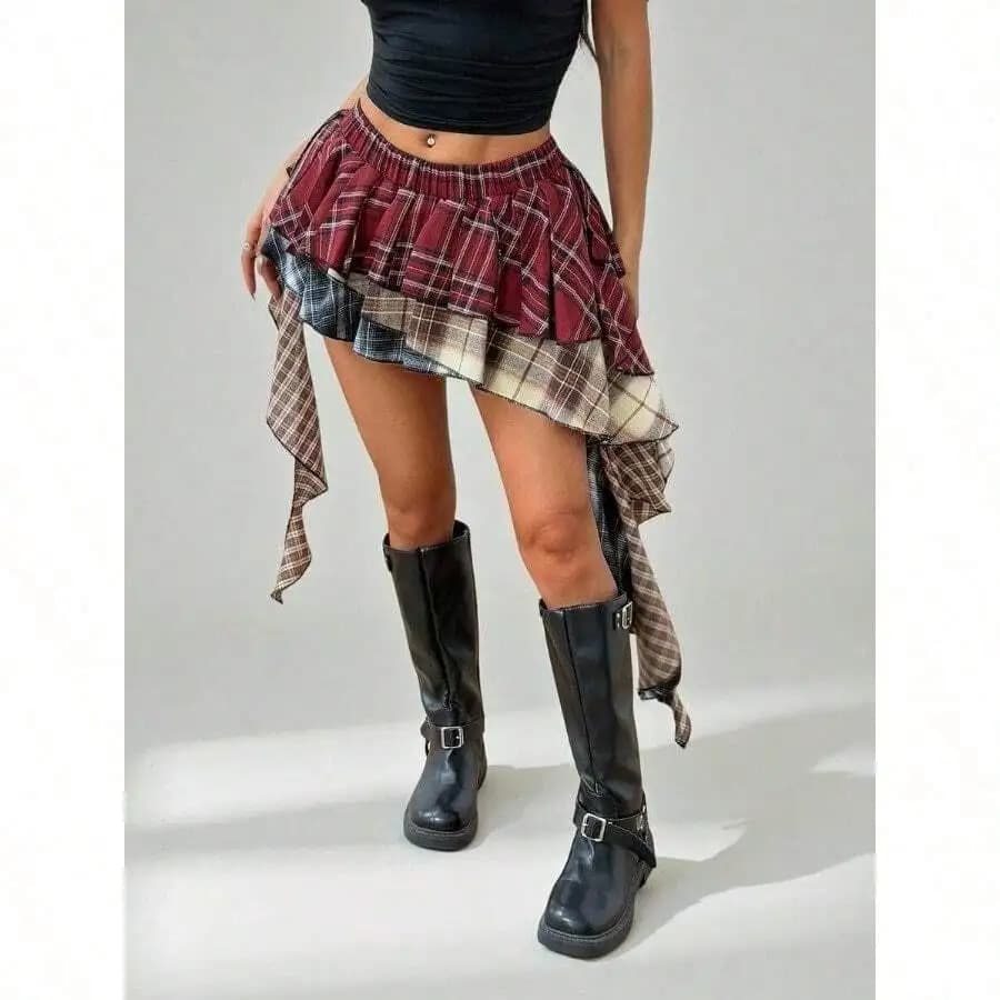 Asymmetrical Plaid Patchwork Pleated Skirt Women Mini Tiered Ruffled Skirt Casual Street Style