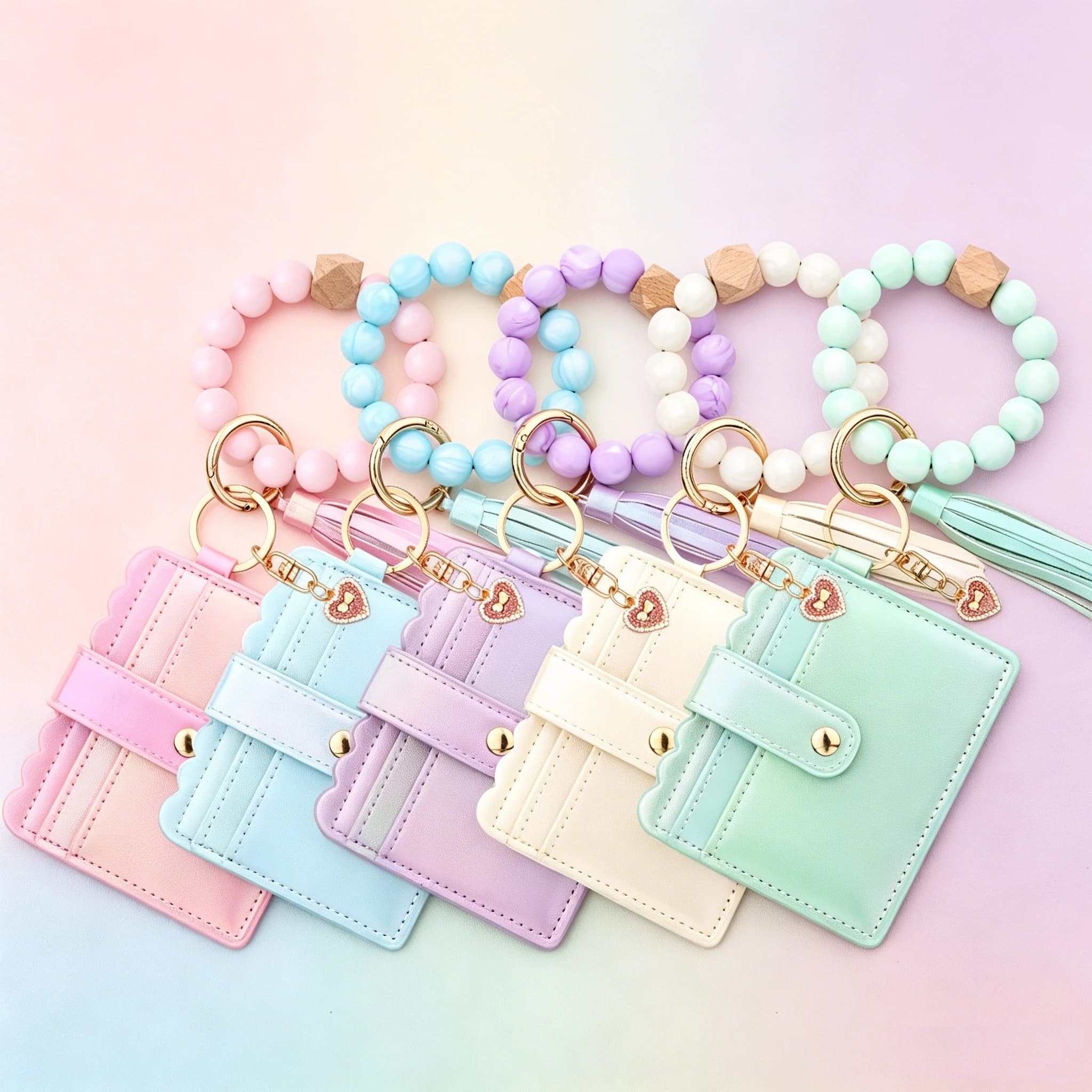 Adorable Girls Card Holder Gradient Color Wallet Heart Charm Silicone Bead Bracelet Leather ID Case - Fashionable Organizer