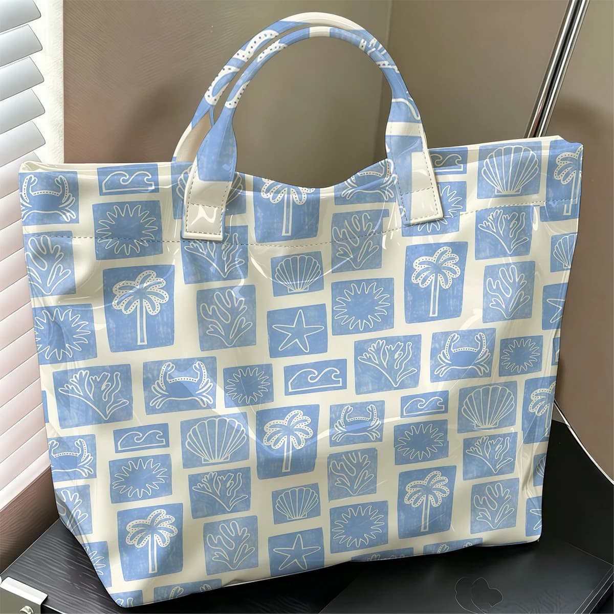 Coastal Block Fashion Large Glossy PVC Tote Bag Hand Washable Waterproof Perfect Travel Commute Cosmetic Storage Shopper