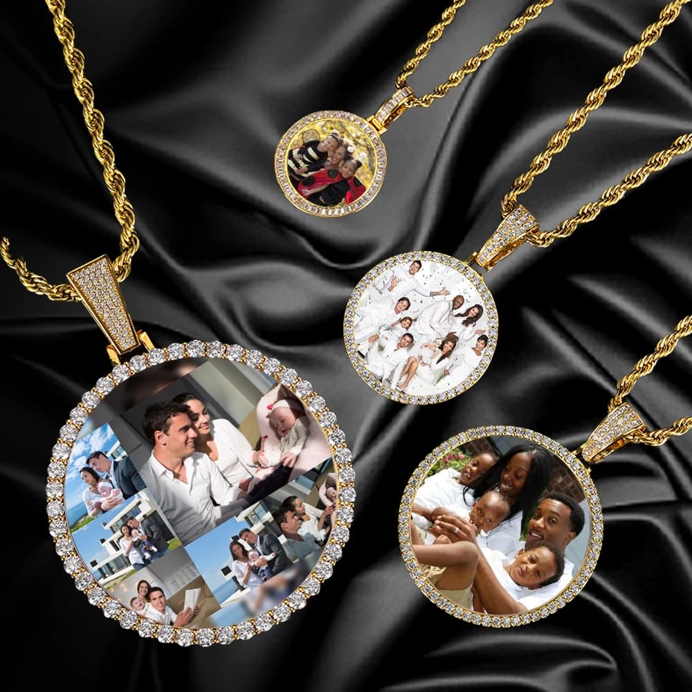 Gioielli Hip Hop Bling CZ Cornici commemorative Collana Personalizzazione Foto Personalizzata 26/35/45/68.5MM Cerchio Medaglioni Ciondolo