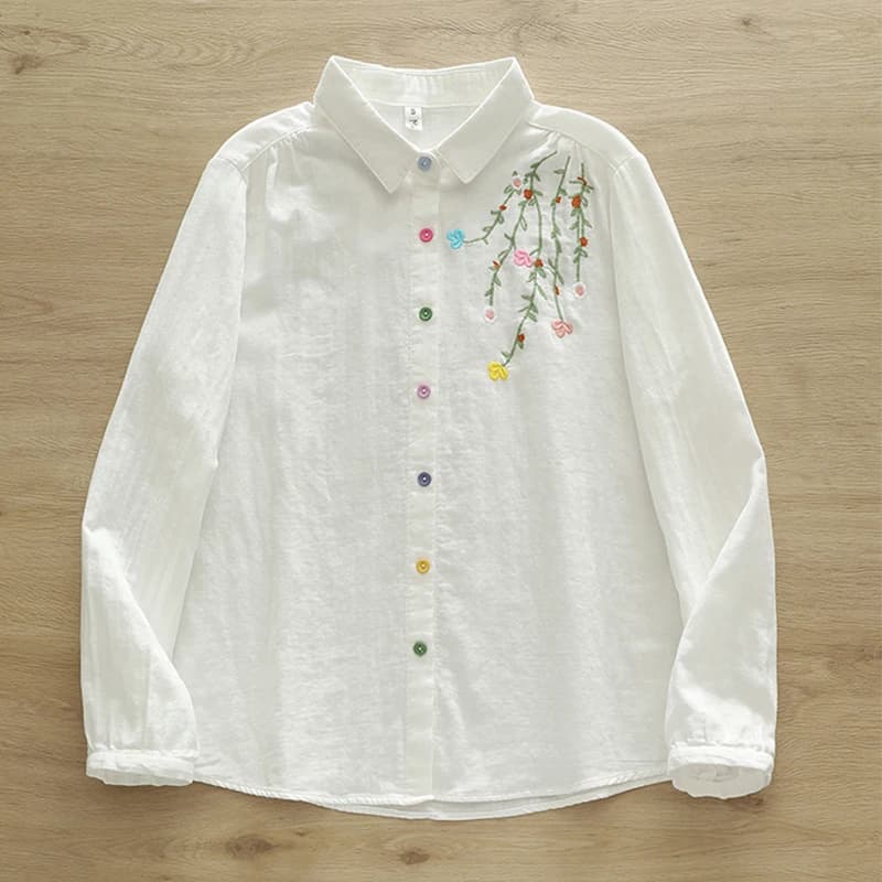 Blusa a maniche lunghe in cotone a doppio strato autunnale Abbigliamento donna Fiorellette colorate ricamate con camicie e camicette artistiche U133