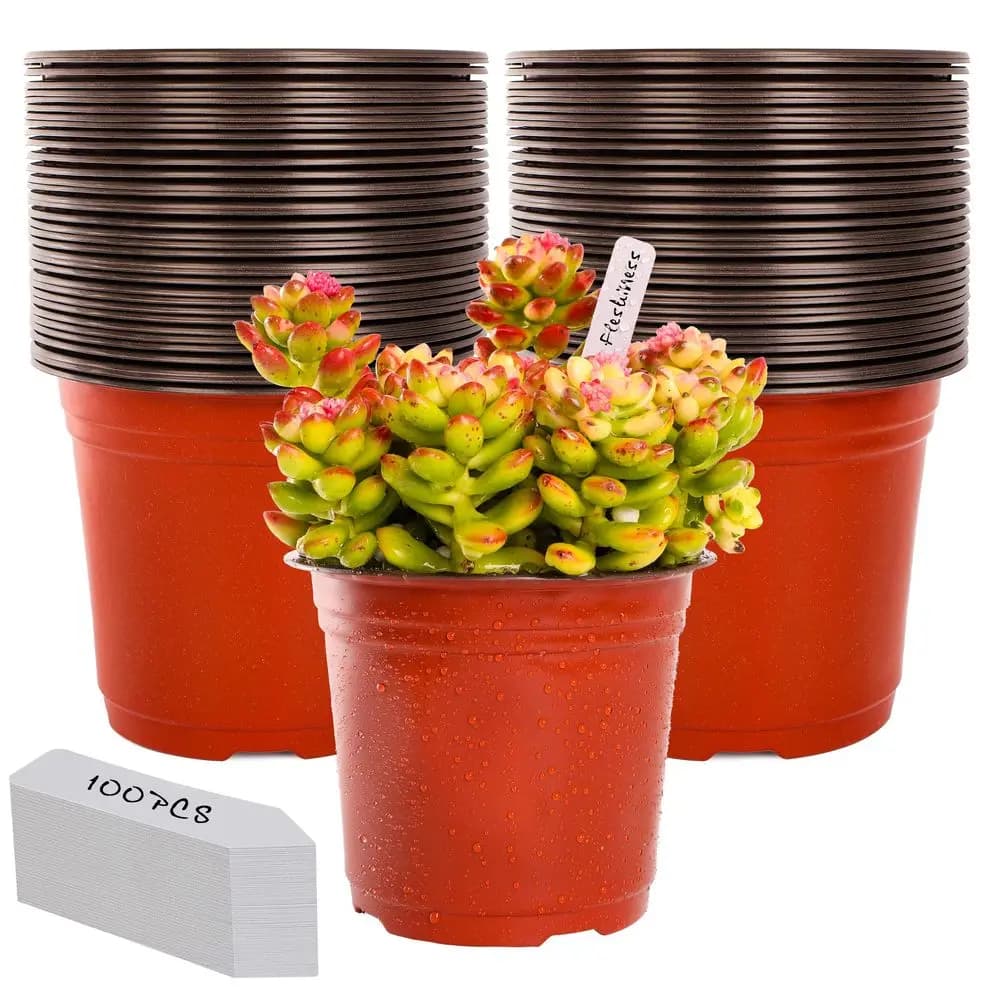 6 inch plastic nursery vases, 100 pots and 100 labels for plants, seedling containers and flowers, red pots for seed germination