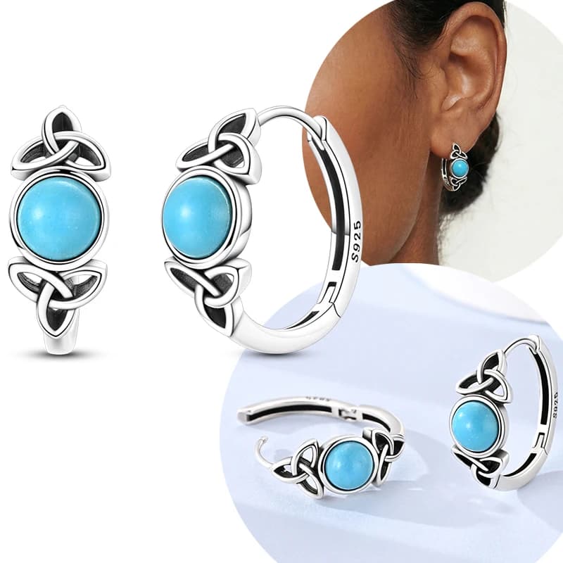 Orecchini a cerchio in argento sterling 925 con nodo celtico dal design unico e turchese blu, regalo di gioielleria per donna