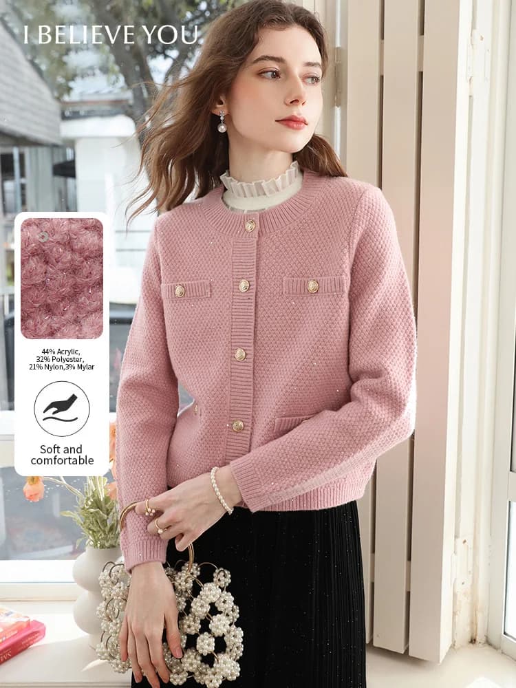I BELIEVE YOU Fragrant Knitted Cardigan for Women Autumn 2025 Metal Single Breasted Sweaters Round Neck Glitter Tops 2241145739