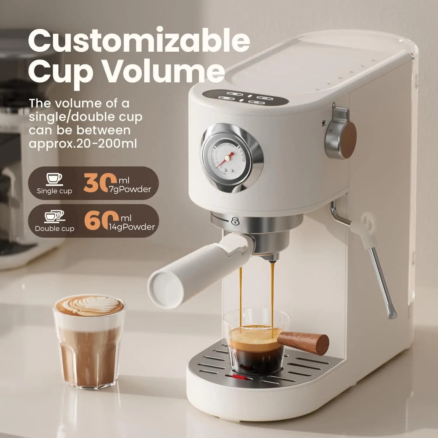 Espresso Machine Touch Screen Pressure Gauge Coffee Maker with Milk Frother Steam Wand Adjustable Cup Volume for Latte