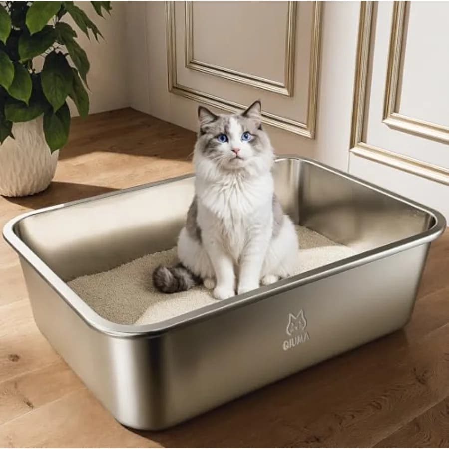 Stainless Steel Litter Box, Metal Cat Litter Box with High Sides, Odor-Free, Non-Stick, Easy to Clean, 17.5"×13.6"×5.9", Ideal