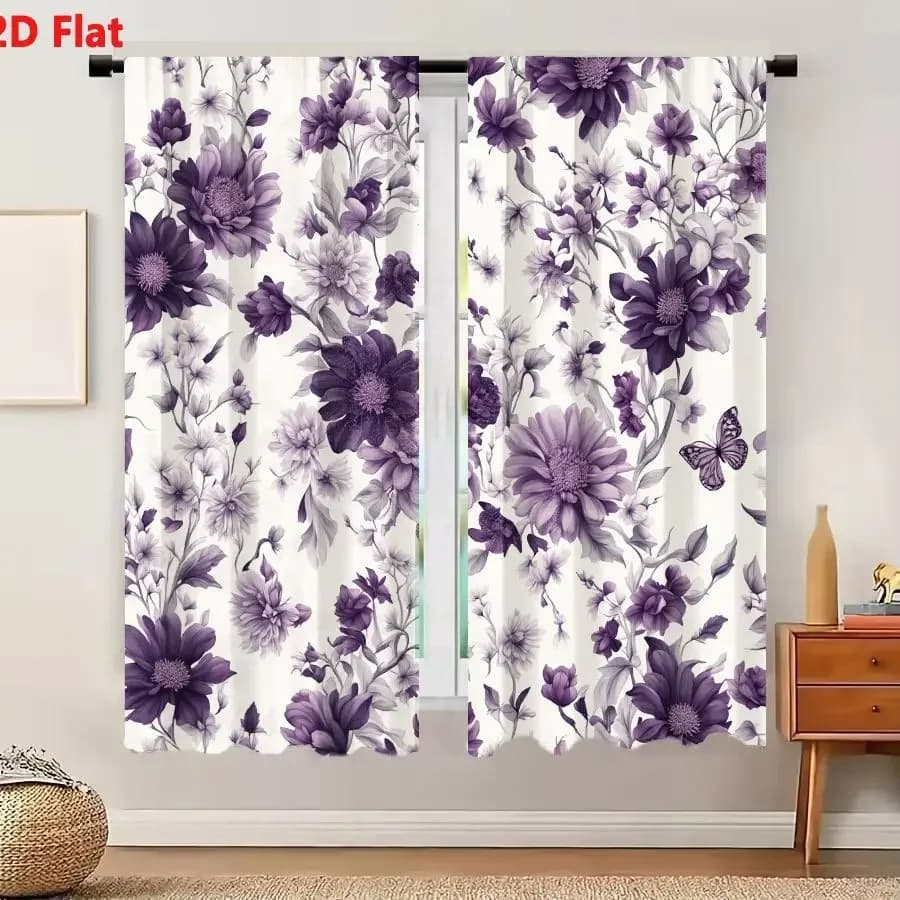 2Pcs Curtains 2D Flat Seamless Floral Pattern With Purple Chrysanthemums And Butterfly On Cream Background Window Drapes for Bed