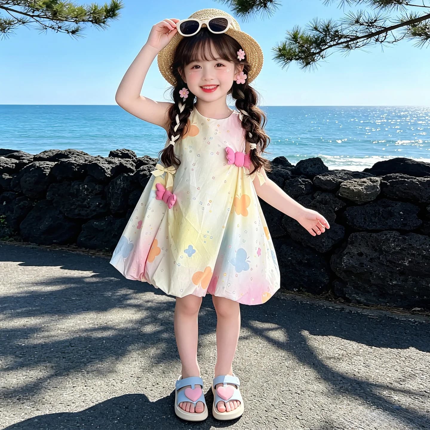 Vestito da bambina con farfalle e fiori 2026 Nuovo abito estivo coreano alla moda per bambine, elegante vestito da principessa per bambine piccole