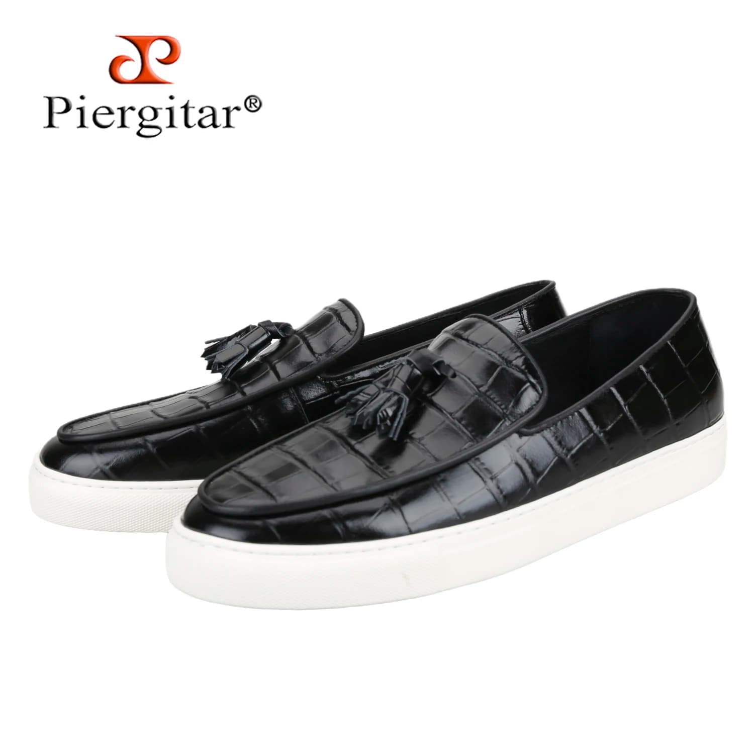 Piergitar New Black Crocodile Embossed Leather Slip-On Sneakers Handmade Tassels Design Men's Casual Shoes White Increase Sole