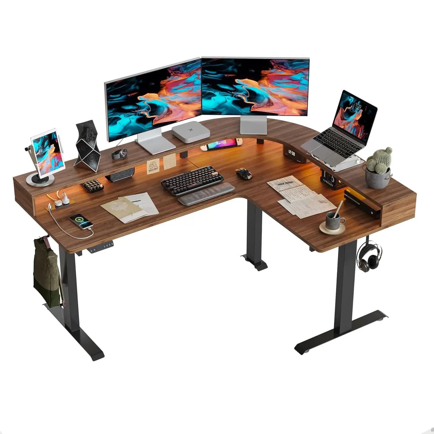 L 63"x49" Shaped Electric Desk Adjustable with Arco LED, Current Grip and Monitor Support for Gaming and Office, Customizable