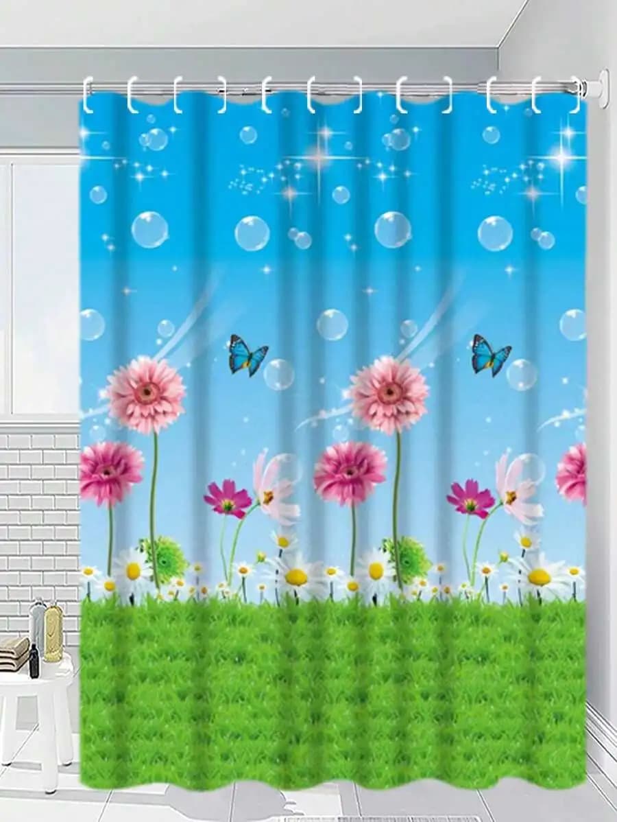 1pc Fall Decor Lawn Floral Print Waterproof Shower Curtain, Featuring Dolphin Cooling Design, PEVA Material, Includes 12pcs