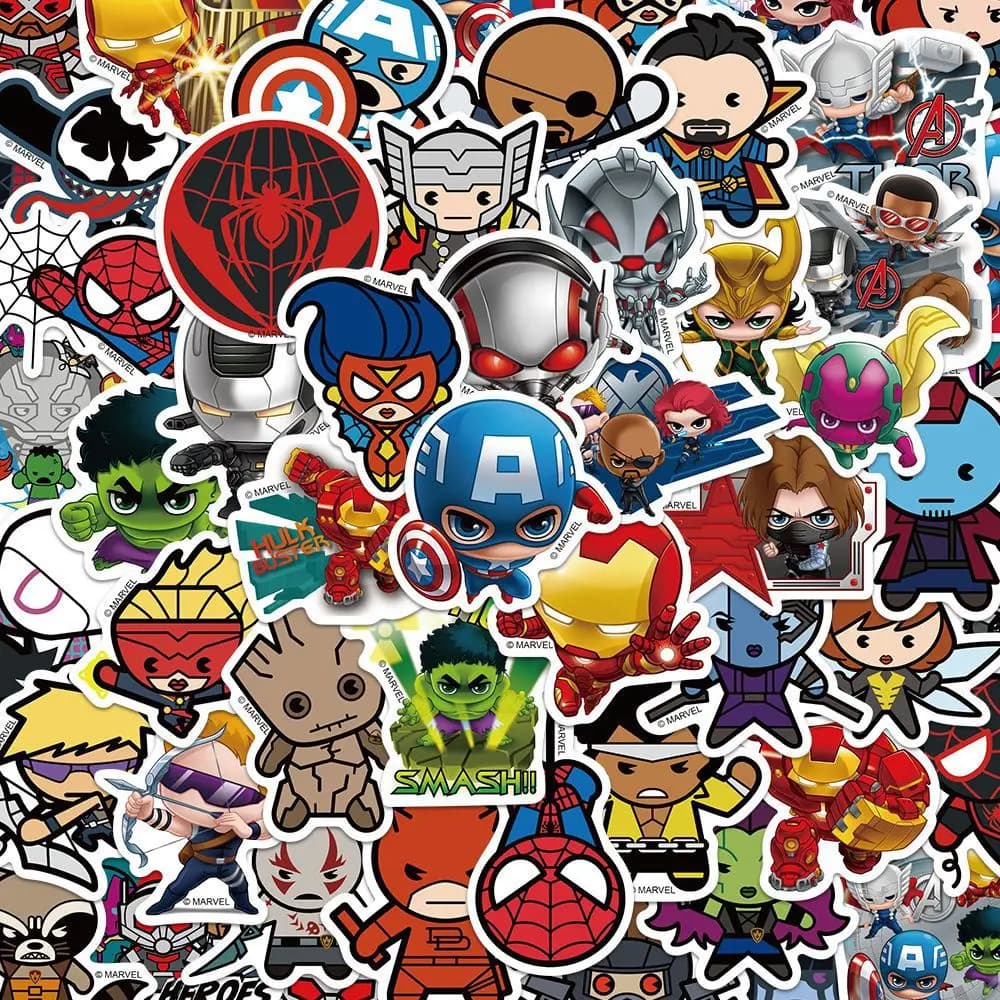 50 Pieces Adhesives Waterproof Marvel Avengers, Decalcomanie Cartoon Anime for Helmet, Skateboard, Laptop, Bicycles, Cars, DIY