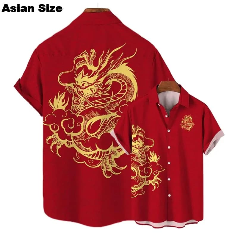 Dragon Year 2025 Short Sleeve Shirts For Men Clothes Ethnic Chinese New Year Lapel Blouse Gold China Dragon Blouses Kids Gifts