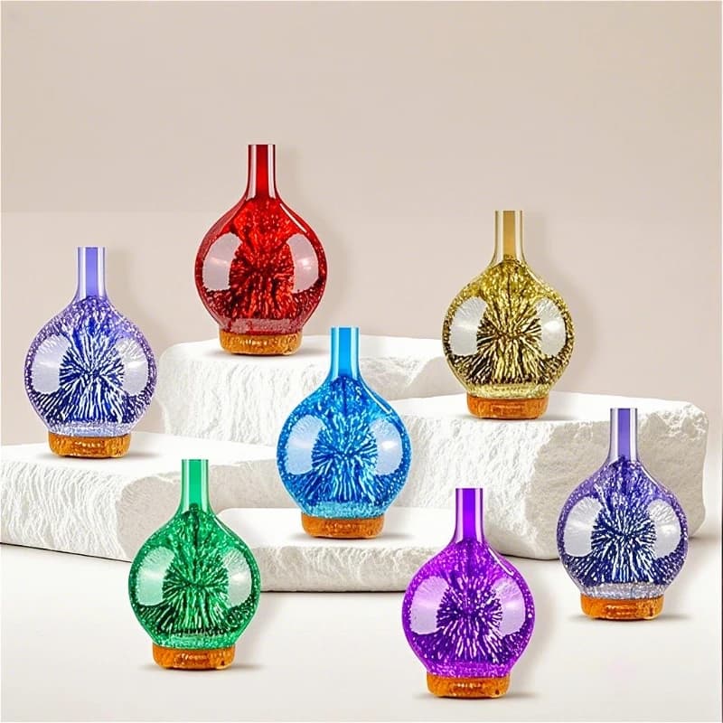 Diffusore di aromi elettrico per fuochi d'artificio con design in vetro 3D con macchina per nebbia fredda a luce notturna a 7 colori con venature del legno