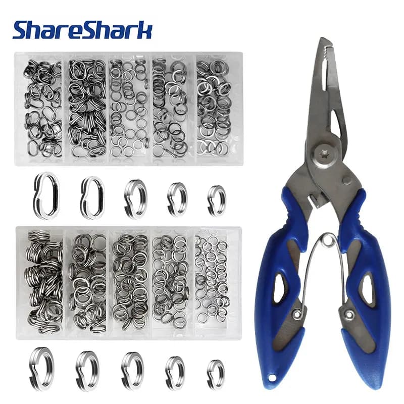 ShareShark 200 pieces connectors for split ring fishing baits in stainless steel with fishing pliers double ring connecting rings