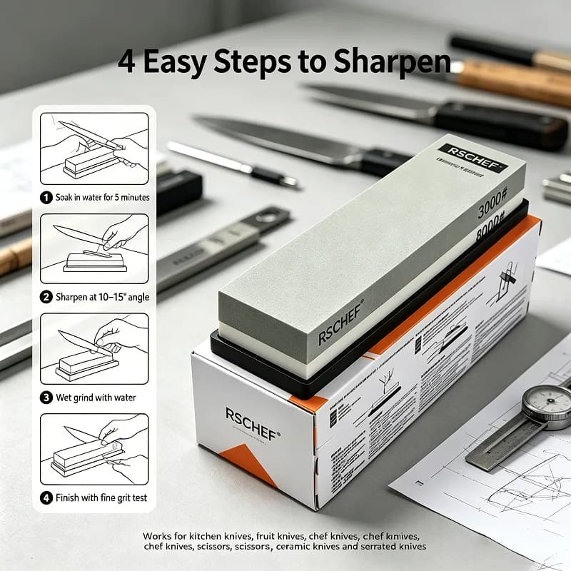RSCHEF 2026 New Double Sided Water Whetstone Dual Grit Sharpening Stone for Kitchen Chef Knives Household Polishing Tool