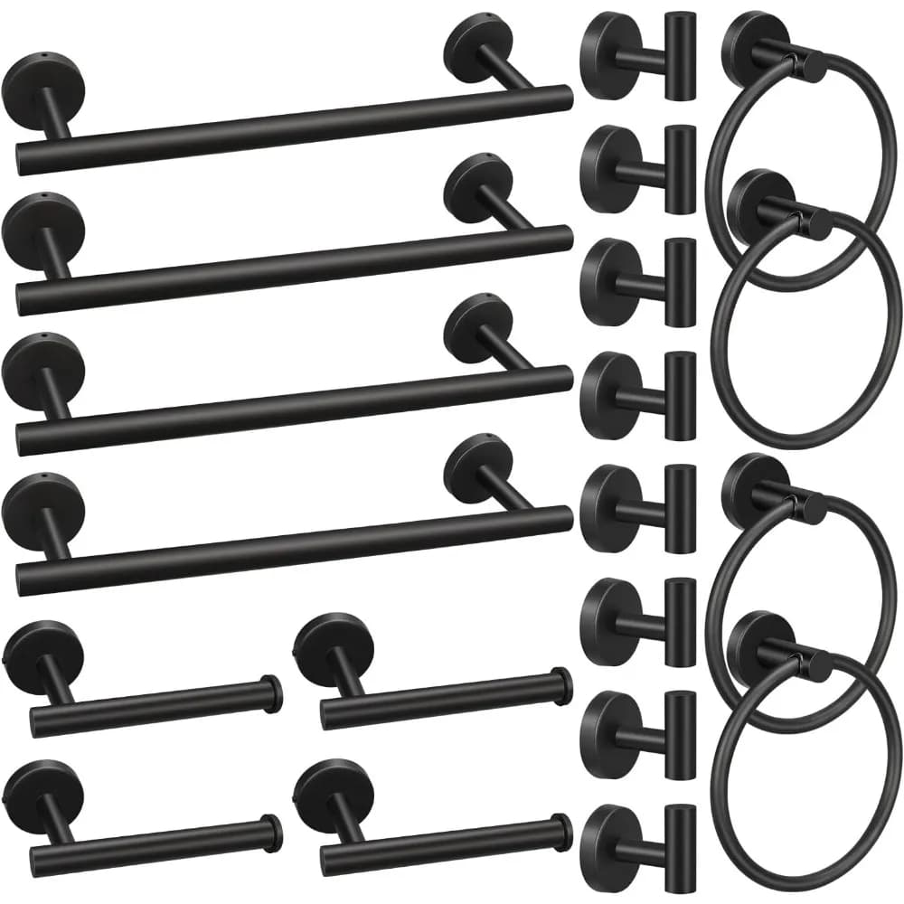 Set di accessori da bagno da 20 pezzi nero opaco con portasciugamani, porta carta igienica, anelli e ganci