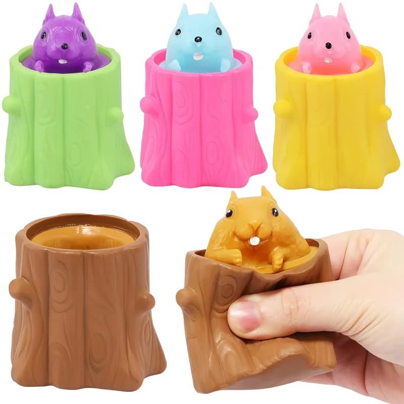 Squeeze Squirrel Stump Cup Fidget Toy with Music for Kids Antistress Mini Tree Stump Decompression Plaything Weird Pinching Gift