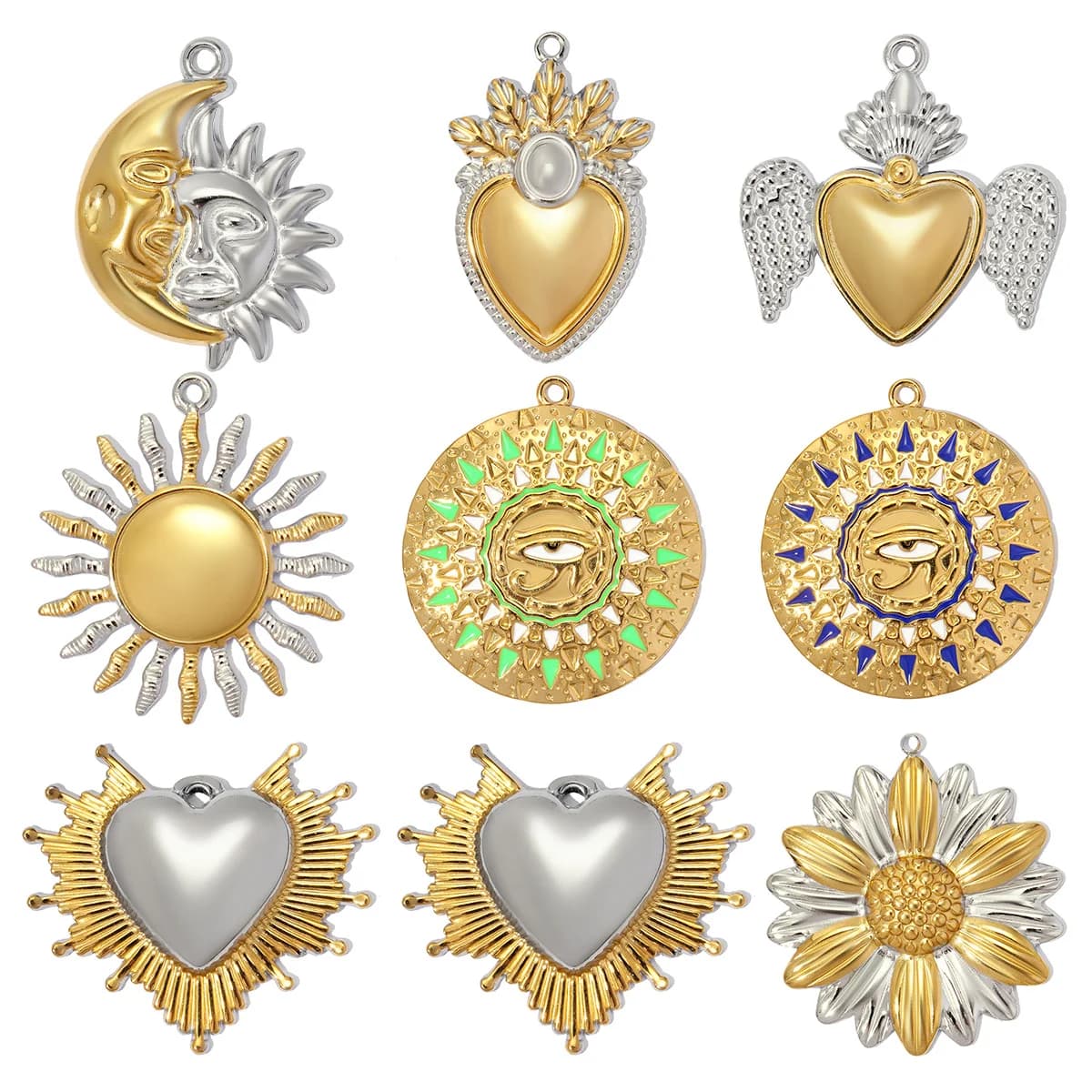 3pcs/LotLarge Stainless Steel Tow Tone Sun FLower Moon DIY Earring Charm Heart Necklace Pendant Women Evil Eye Jewelry Wholesale