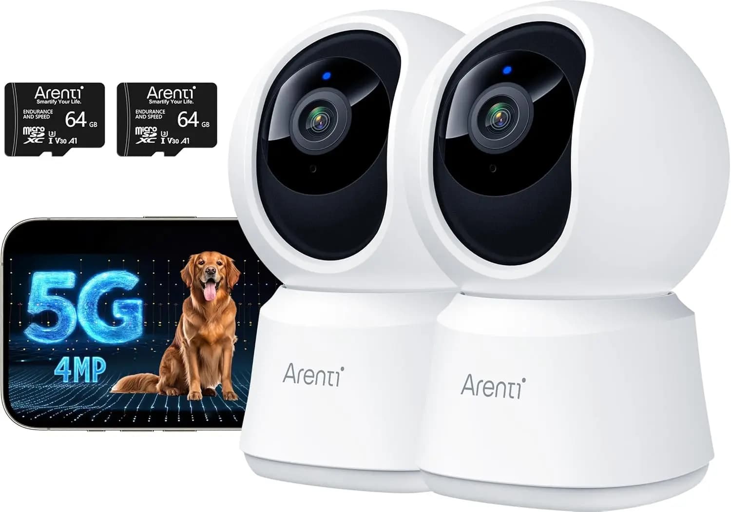 Telecamera per Animali Domestici 5G 4MP, Confezione da 2, Senza Abbonamento, Telecamera di Sicurezza per Interni per Cani, Gatti, Bambini, App Gratuita per Smartphone, WiFi Dual Band, Tracciamento Automatico