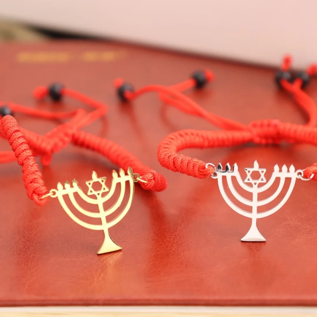 Stainless Steel 7 Candles Menorah Bracelet Dainty Israeli Charm Jewish Hanukkah Jewelry Gift for Her