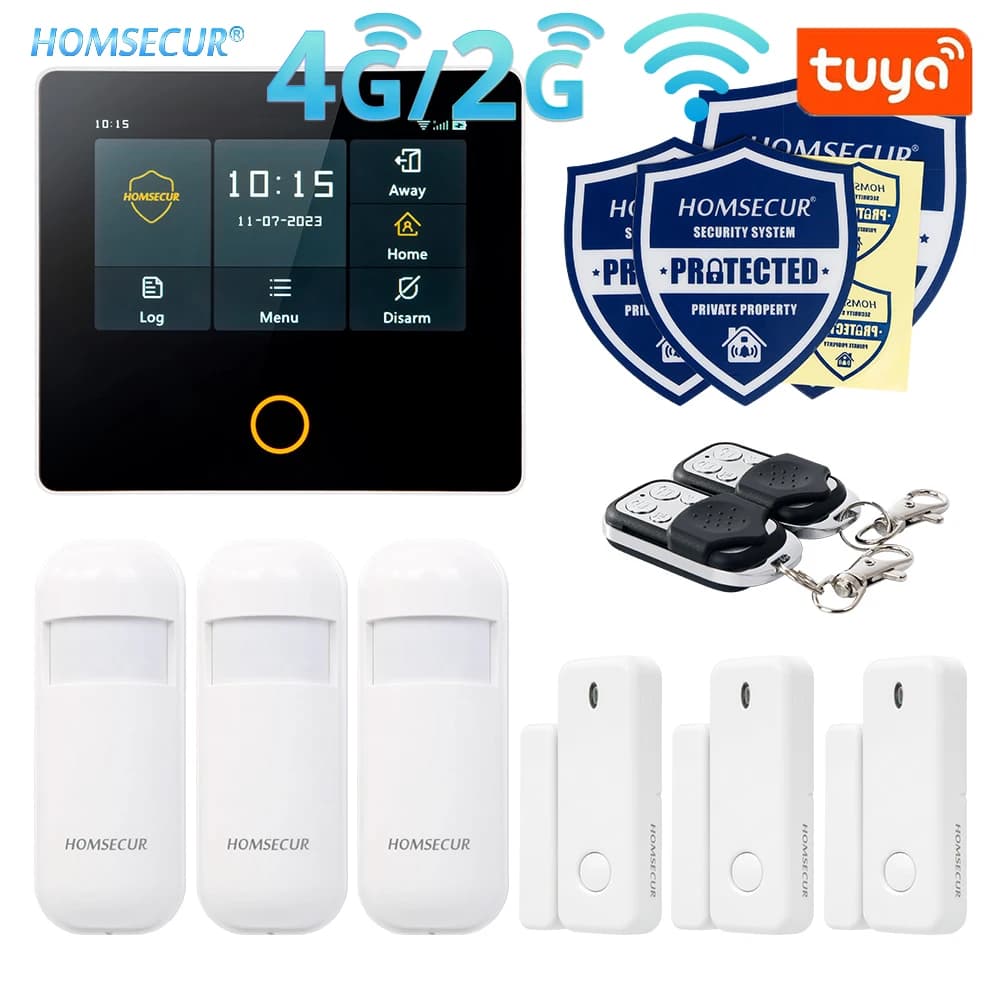 HOMSECUR 4.3 "WIFI senza fili TUYA 4G Sicurezza domestica GSM SMS Composizione automatica Sistema di allarme antifurto 3 sensori PIR 3 rilevatori di porte