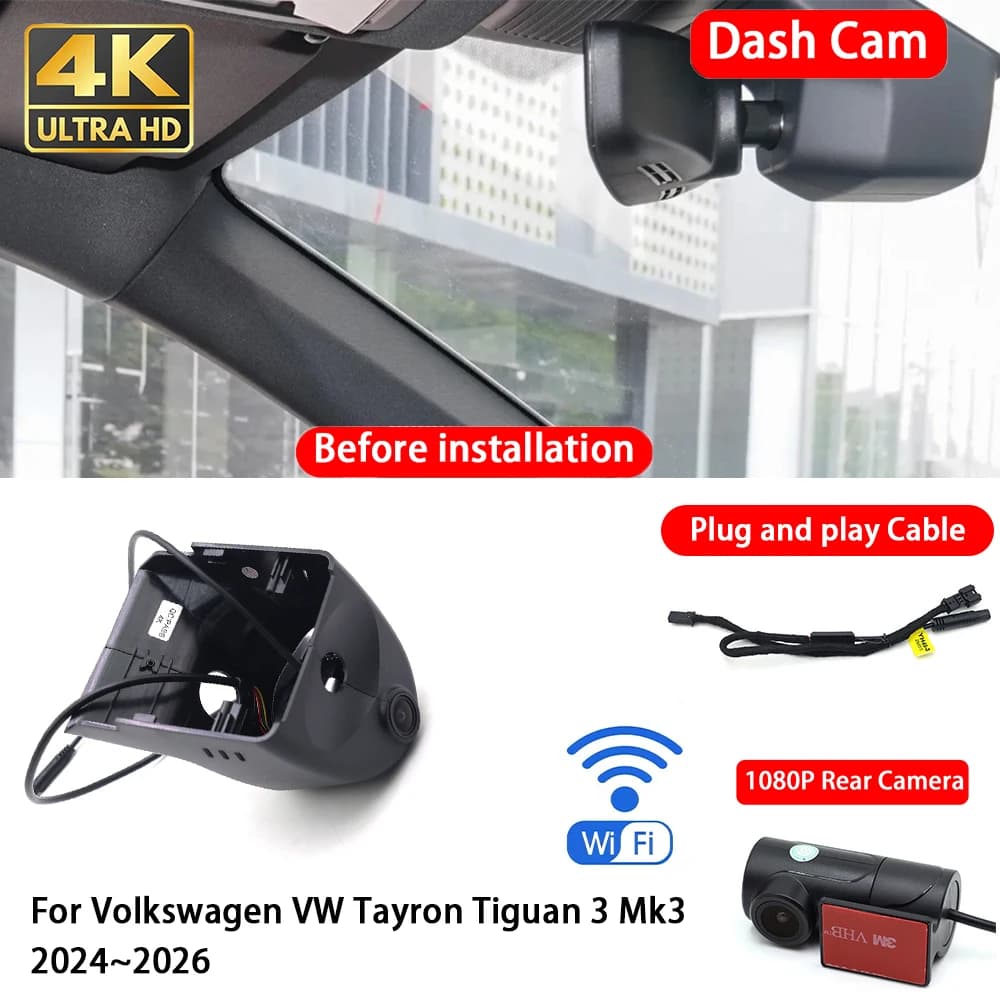 for Volkswagen VW Tayron Tiguan 3 Mk3 2024~2026 4K 2160P Dash Cam Front Rear Car Camera DVR Wifi Plug & Play Video Recorder