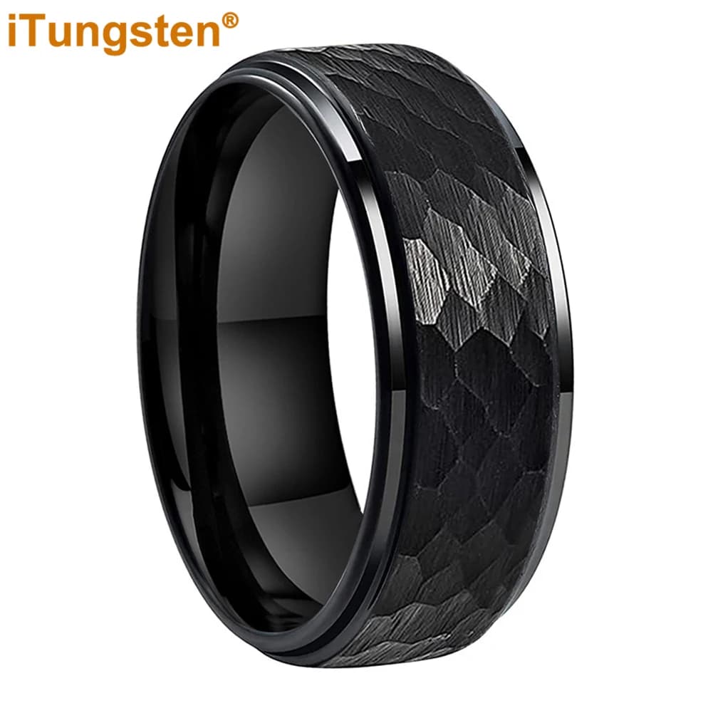 ITungsten 6mm 8mm Men Women Tungsten Engagement Ring Trendy Jewelry Two Tone Stepped Edges Hammered Finish Comfort Fit