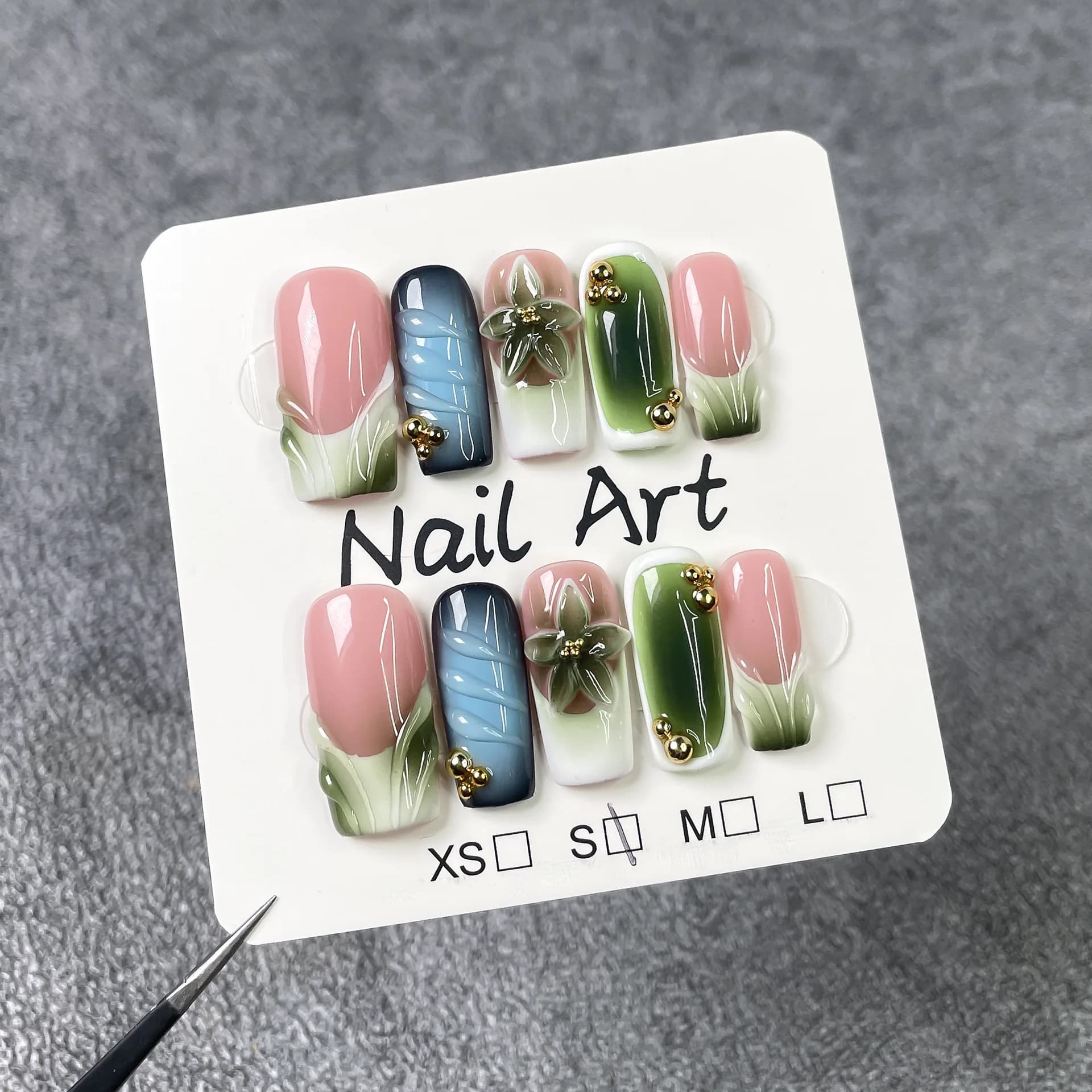 10 hand-made pieces long barrel print on 3D green nails carved tips for wearable fake nails Spice Girls fake nails