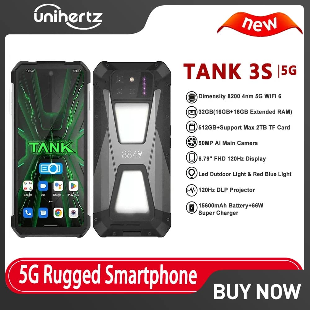Unihertz 8849 Tank 3S 5G Rugged Projector Smartphone 12GB/16GB+512GB 66W Android 14 Sports Phone 11600mAh Dimensity 8300