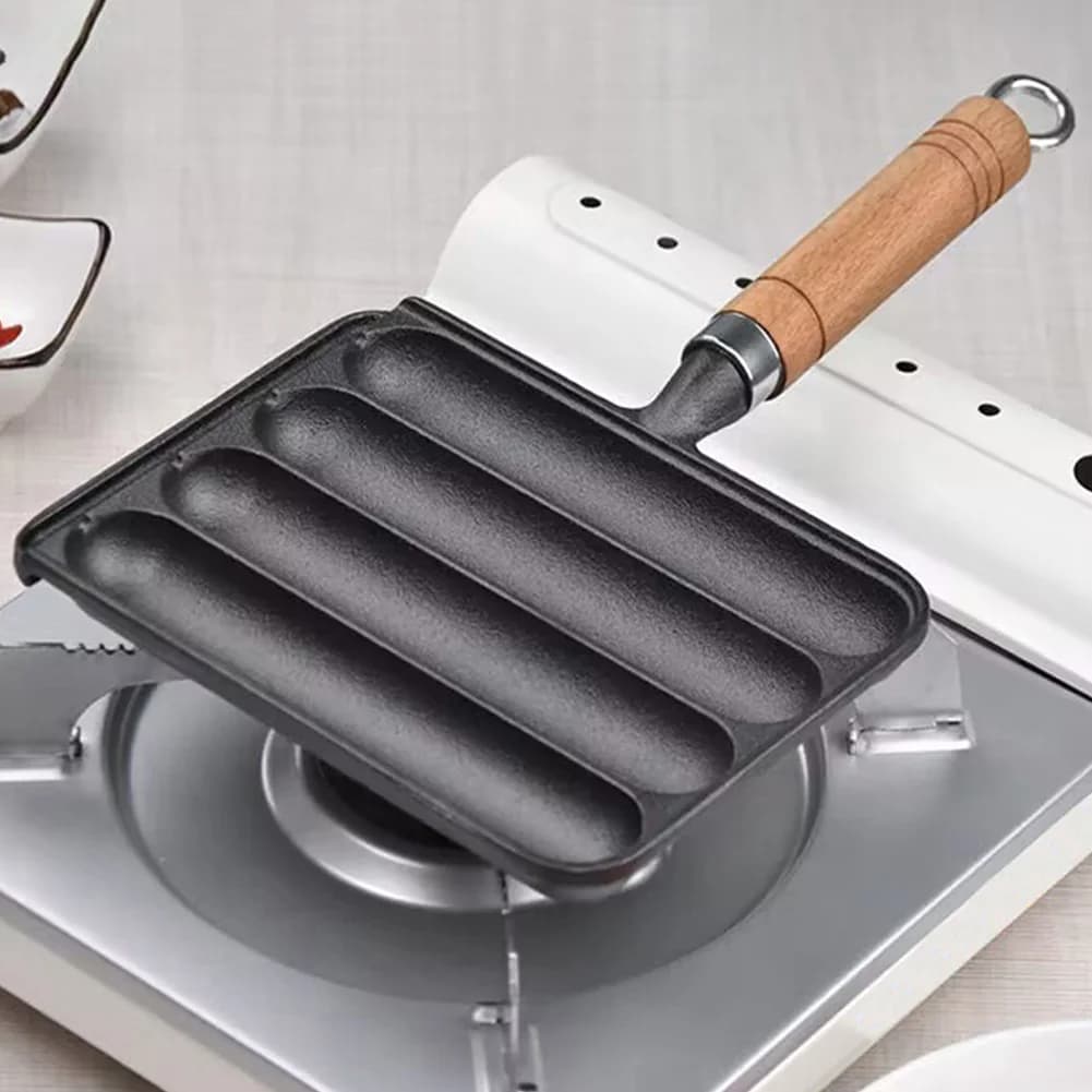 Pentola in ferro antiaderente per salsicce grigliate e hot dog, con manico in legno, pre-condita